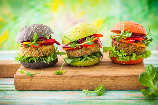 Red, green,black mini burgers with quinoa and vegetables, red meat substitutes, beef alternatives